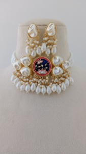 ชุดต่างหูสร้อยคอ meenakari ฟิวชั่นที่ทันสมัยประดับมุกเทียมทองเหลืองหนักโรเดียมชุบออกแบบได้ตามต้องการโรแมนติก - Product Image 4