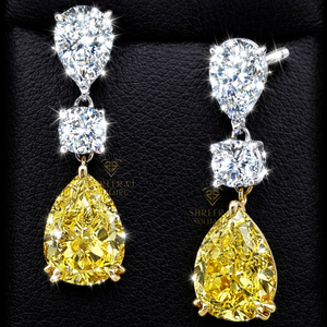 Boucles d'oreilles pendantes solitaires en diamant poire pour femme, or massif 14 carats, diamants de laboratoire jaunes et blancs vifs fantaisie, certifiées IGI - Product Image 4