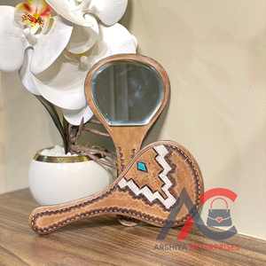 Espejo de mano de cuero con herramientas de alta calidad, espejo de mano de maquillaje de cuero tallado para mujeres occidentales, espejo Vintage, el mejor regalo para ella - Product Image 1