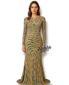 Vestido de Lujo con Cuentas Bordadas, Cristales, Perlas, Cuello Redondo, Mangas Largas, Corte en A, Cintura Imperio, Largo hasta el Suelo, 100% Poliéster Ecológico - Product Image 2