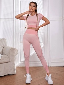 Wholesale Women Yoga Set 2 Piece Workout Outfit Short Sleeve Crop Top & High Waist Leggings Gym Fitness Sportswear - Product Image 6