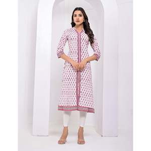 Cotton <b>Block</b> <b>Printed</b> White Flower Kurti Traditional Indian Ethnic Stitched Clothing Daily Wear Party Suitable Floral Fancy - Product Image 1