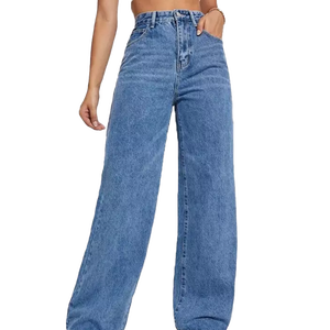 กางเกงยีนส์ขาบานสำหรับผู้หญิงกางเกงยีนส์ขาบานเอวสูงสีฟ้าฟอกแบบลำลองงานตามสั่ง - Product Image 1
