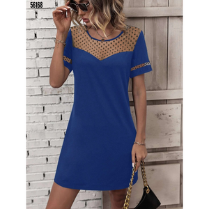 Vestido de Crepé de Manga Corta con Escote Corazón y Detalle de Tul en el Busto para Mujer, 38179 - Azul - Product Image 1