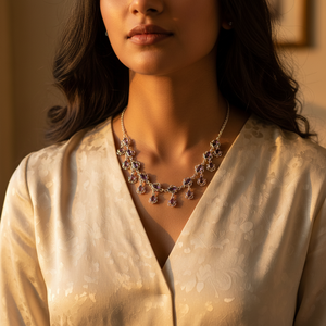 Collar de Oro de 14K y Plata 925 para Mujer, Chapado en Rodio, con Gema de Amatista en Forma de Lágrima, Joyería Cristiana Religiosa con Patrón Geométrico - Product Image 1