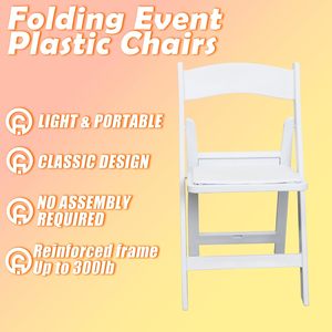 Chaises pliantes blanches pour mariages, fêtes, églises, événements, cuisine, lot de 4, en résine, empilables, assise en vinyle, prêtes pour le jardin - Product Image 3