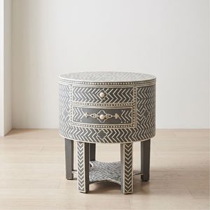 Mesa de Noche Redonda Hecha a Mano con Incrustaciones de Hueso Gris, con 2 Cajones, Mueble de Dormitorio de Lujo, Decoración para el Hogar - Product Image 1
