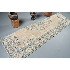 Tapis turc Vintage 2.5 X 8.5ft Beige Vert Patchwork Design Laine Matériel Latex Tabriz pour Maison Salon Chevet 2 Pouces de Large - Product Image 2