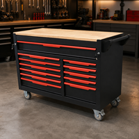 Armoire à outils roulante robuste noire et rouge à douze tiroirs avec plateau en bois pour le rangement dans les garages et ateliers