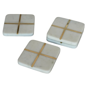 Sous-verre carré en métal incrusté de marbre Sous-verre en pierre de luxe pour tasse à thé Sous-verre en pierre et incrustation en métal Taille personnalisée - Product Image 1