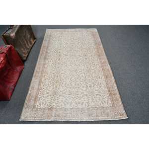 Vintage Accent Rug 3.2x6.8 ft, <b>Brown</b> Plants & trees Turkish <b>Wool</b> Rug - Product Image 1