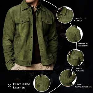 Premium Olive <b>Trucker</b> Suede Leather <b>Jacket</b> <b>Men</b> Genuine Sheepskin <b>Men</b> Leather <b>Jackets</b> Shirt Collar <b>Jackets</b> for <b>Men's</b> - Product Image 6