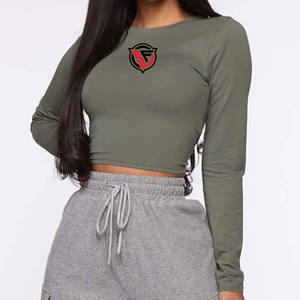 Tops cortos de manga larga de algodón para mujer con cuello redondo, Camisetas básicas ajustadas, camisetas recortadas de verano ecológicas con logotipo personalizado - Product Image 6