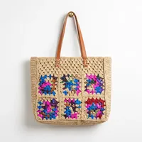 Sac fourre-tout bohème pour femme en crochet fait main avec broderie à motifs géométriques, ouverture supérieure, style décontracté de plage, deux poignées