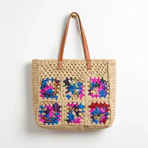 Bolso Tote Bohemio de Mujer Hecho a Mano con Ganchillo, Patrón Geométrico Bordado, Estilo Casual de Playa con Dos Asas - Product Image 2