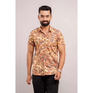Chemise décontractée en coton pour homme, à manches courtes, col montant, imprimé floral jaune, en popeline respirante, style western, pièce unique ODM - Product Image 1