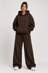 Conjunto de Sudadera con Capucha y Pantalones Deportivos Color Marrón Chocolate, Felpa, Corte Holgado Informal, Unisex, para Todas las Temporadas, Diseño de Color Sólido con Bolsillos - Product Image 4
