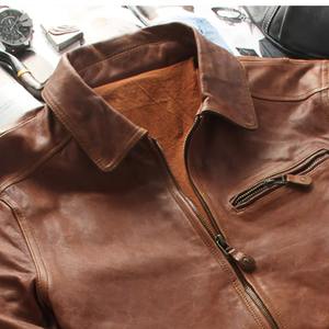 Automne hommes léger Style décontracté marron en cuir véritable veste américaine grande taille véritable peau de mouton naturelle Slim Fit toile manteau - Product Image 5
