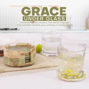 Ensemble de 6 sous-verres en céramique onyx vert classique avec support - Rond, diamètre 3,5 pouces, épaisseur 0,4 pouces - Durable et écologique - Product Image 4