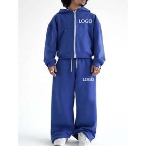 Survêtements en molleton unis pour hommes avec logo personnalisé, fermeture éclair, capuche et pantalon de survêtement, ensemble de sweat-shirt pour hommes - Product Image 5