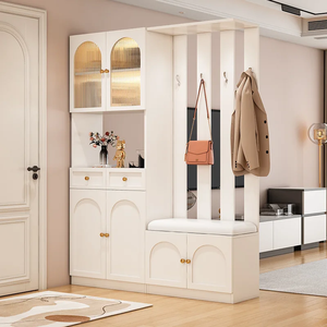 Meuble à chaussures en bois massif style crème, armoire murale intégrée pour entrée, cloison de séparation moderne et minimaliste pour salon - Product Image 3