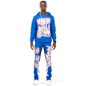 Ensemble de survêtements pour hommes à capuche en molleton épais 100% coton, imprimé, coupe ample, hiver, 2 pièces - Product Image 1