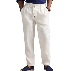 Pantalones de lino informales con bolsillos laterales, pantalón de franela cosido y reforzado teñido liso de color sólido para hombre - Product Image 2