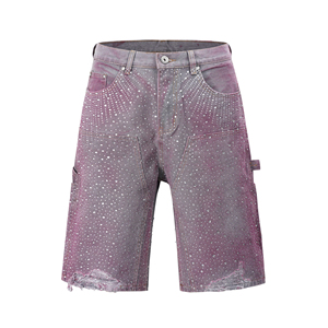 Shorts en jean baggy déchirés tendance 2025 pour hommes, toile entièrement ornée de strass, style streetwear, approvisionnement en gros - Product Image 1