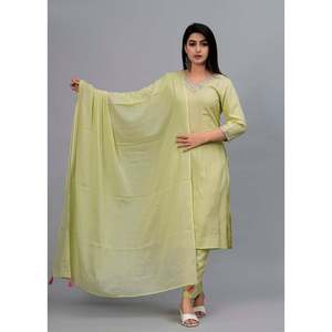 Conjunto de mujer verde oliva liso bordado Kurta con pantalones y Dupatta - Product Image 3