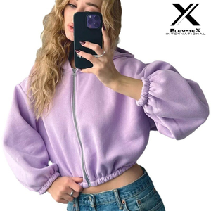 Sudadera con capucha corta rosa para mujer ELEVATEX INTERNATIONAL, con cremallera completa, mangas abullonadas, forro polar, estilo casual para otoño - Product Image 4