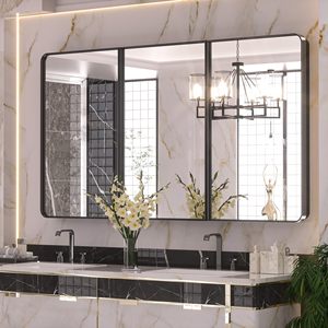 Modern <b>Wall</b>-Mounted LED Mirror Cabinet Triple-Door <b>Black</b> Frame High-Definition <b>Bathroom</b> Organizer Illuminated <b>Lights</b> for Hotels - Product Image 1