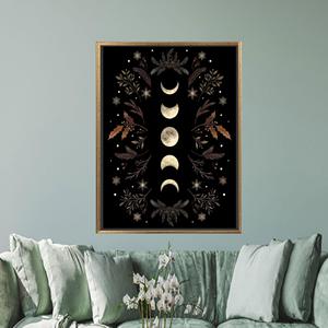 Elegant Boho Moon and Flowers Printed <b>Canvas</b> Artwork for Modern Home Decor,Gold <b>Framed</b> - Product Image 1