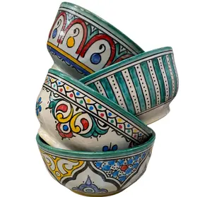 ชุดโมร็อกโกของ4ที่มีสีสัน Fes ชามเซรามิกที่ทำด้วยมือใน Fes การออกแบบมือวาดซุปและชาม Cerial เครื่องใช้ในบ้าน - Product Image 1