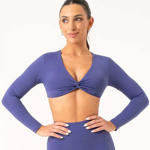 Tops cortos de manga larga con nudo índigo para mujer de alta demanda, camisetas cortas elásticas Súper suaves y transpirables para entrenamiento Fitness para mujer - Product Image 1