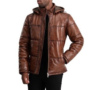 Unisex Genuine Leather Puffer Jacket With Stand Collar Breathable Quilted Design <b>Winter</b> Hooded Zipper Closure OEM Service - Product Image 3
