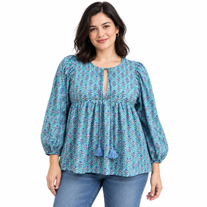 Blusa Corta de Verano Informal con Cuello Redondo, Hecha a Mano con Estampado Indio, de Algodón Puro, Diseño Floral Bohemio, Manga Abullonada con Borlas - Product Image 1