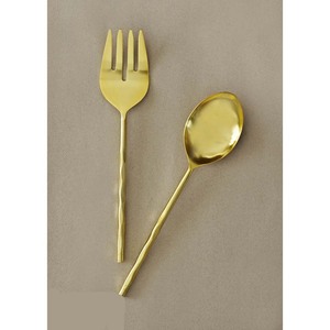 Juego de cuchara y tenedores chapados en oro mate para boda, servidor de ensaladas con mango plano grueso dorado de diseño - Product Image 5