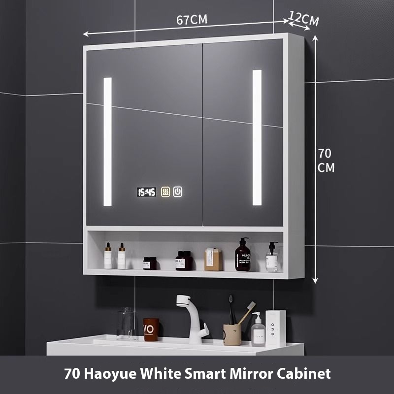 70 Bright Moon White + Oak + gabinete de espejo inteligente