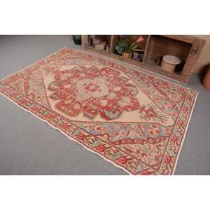 Alfombra turca Vintage de 5x7 pies, rojo, Beige, área grande, diseño de retazos de lana, respaldo de látex para pasillo, dormitorio, modelo de habitación, Alfombra de noche - Product Image 3