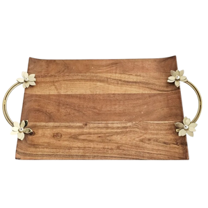 Bandeja de madera de mango de la mejor calidad, bandeja para servir aperitivos de comida de diseño único con cuencos de fideos con acento de Metal dorado, bandeja para servir a la venta - Product Image 6