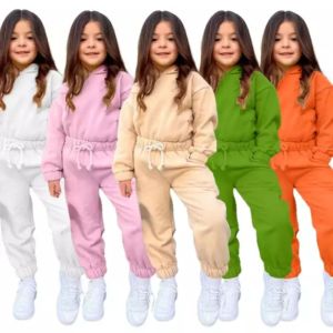 Ensembles de survêtements pour filles OEM pour enfants ensemble de deux pièces à capuche personnalisé pour petites filles ensemble de vêtements en polaire orange foncé pour filles à bas prix - Product Image 2