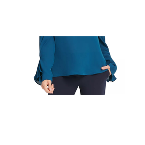 Camicetta da donna DKNY a maniche plissettate, blu XX-Large, con logo ricamato, decorazioni in pizzo con paillettes, vestibilità ampia, in chiffon popeline tinta unita - Product Image 3