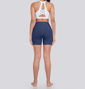 Pantalones cortos deportivos de Yoga azules de cintura alta en forma de V para mujer, sin costuras, de secado rápido, 100% de poliéster, para correr, cintura elástica sólida - Product Image 3