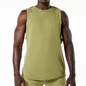 Débardeur de gym 100% coton personnalisé pour hommes grande taille respirant entraînement Fitness débardeur court lavé côtelé col carré tricoté - Product Image 1