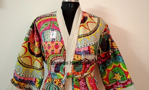 Handmade Kantha Jacket for Women Long Cotton Quilted Robe with Leather Shell XL Beach Wear Kimono Breathable Beach Coverlet - Product Image 3