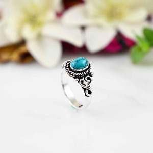 925 Sterling Silver <b>Turquoise</b> Gemstone Bezel Setting Rhodium Plated Boho Style Women's Wedding Party Gift <b>Ring</b> - Product Image 3