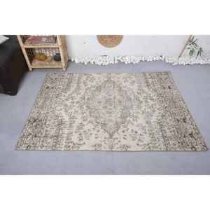 Vintage Beige Wool <b>Turkish</b> <b>Rug</b> 3.9 X 5.5 ft Flat Weave Patchwork Pattern Dining Room Carpet Eco Friendly Traditional Latex - Product Image 3