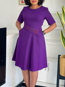 Robe mi-longue élégante à manches courtes pour femme, tenue d'été en ligne de couleur unie pour le bureau et le quotidien - Product Image 5