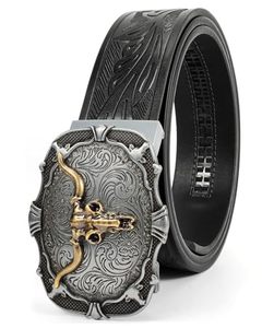 Cinturón de mezclilla para hombre estilo americano, con patrón floral vintage vaquero del oeste, perforado y grabado, a la moda, listo para envío transfronterizo de fábrica - Product Image 1