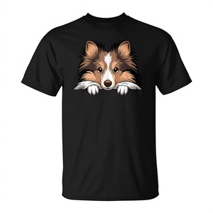 T-shirt con simpatico cucciolo di Shetland Sheepdog che fa finta di spionare, per gli amanti dei Sheltie, ideale per promozioni - Product Image 2